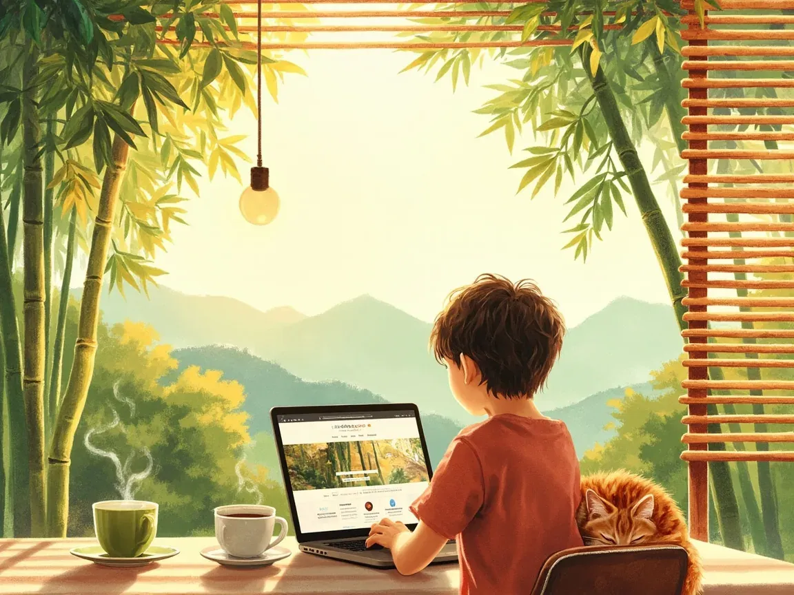 夏日窗边的工作台，竹林远山，一杯茶，一只橘猫